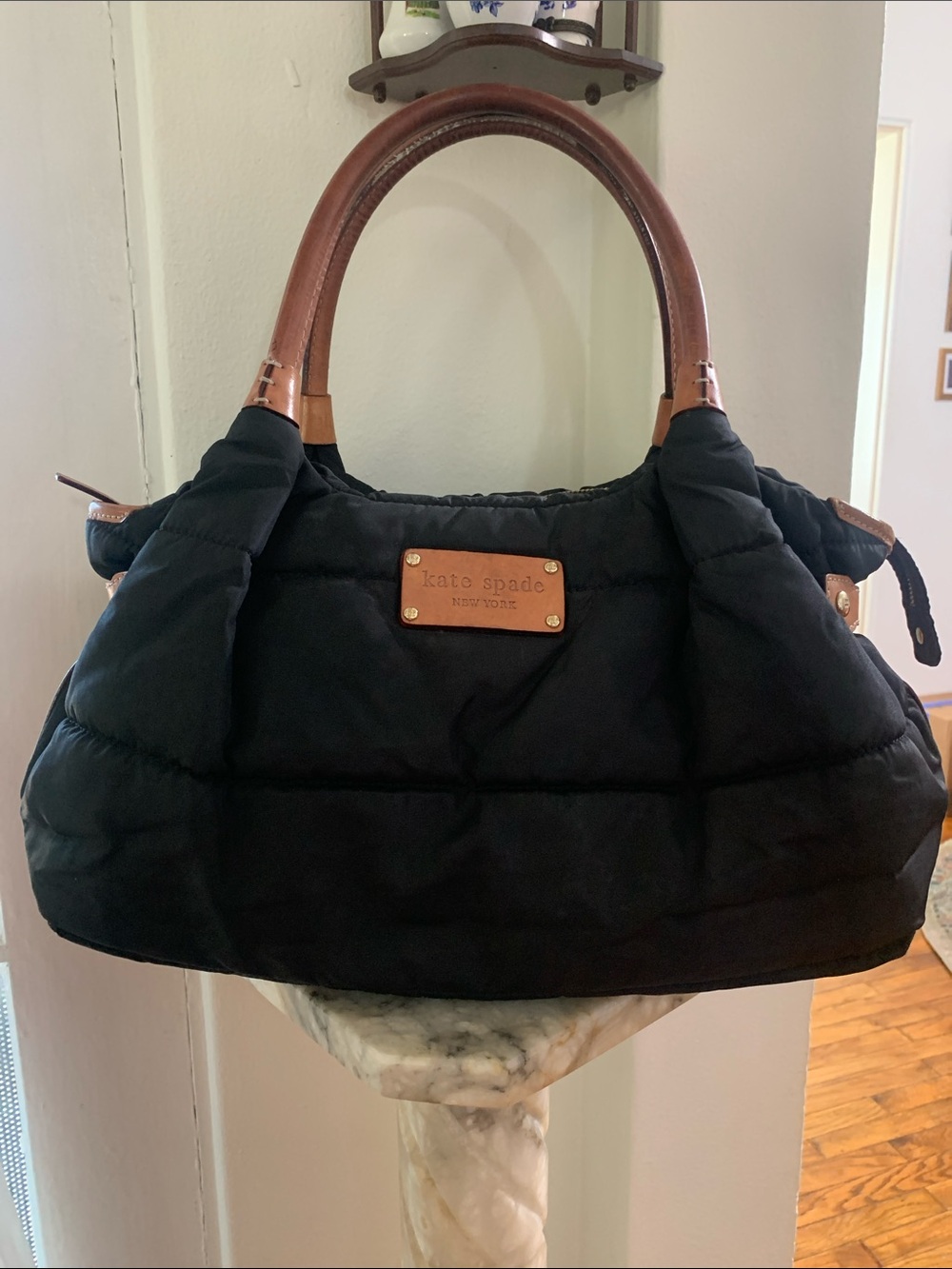 kate spade Black Quilted Puffer Shoulder Bag with Brown Leather Handles